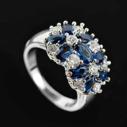 Noble Oval cut Sapphire & white topaz Gemstones Sterling silver Ring Size 6-10